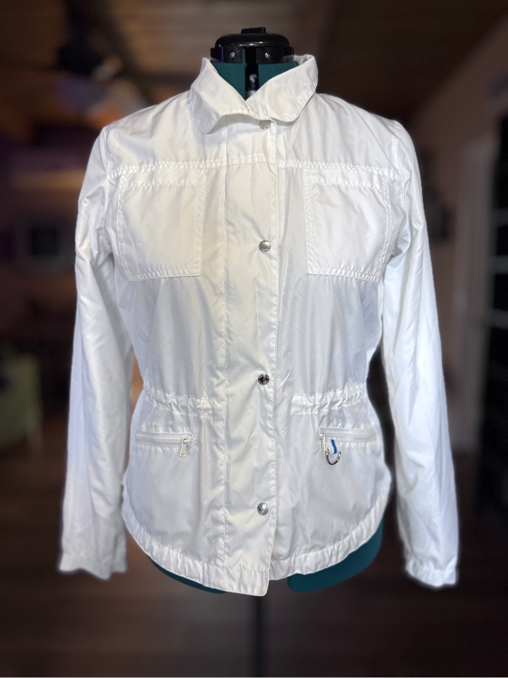 Oleg Cassini Sport White Windbreaker Jacket with Drawstring Waist Size Small